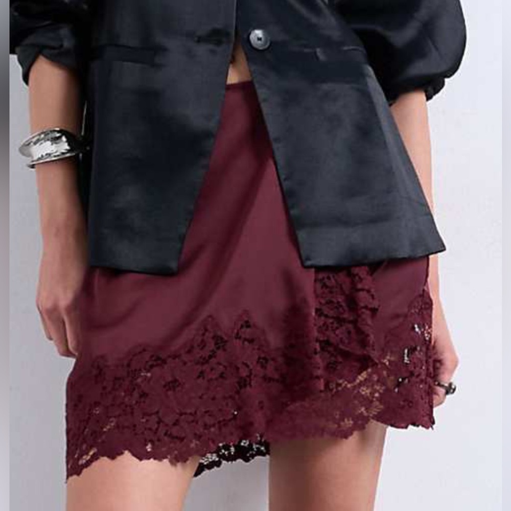Topshop satin asymmetric mini skirt with lace trim in port royale